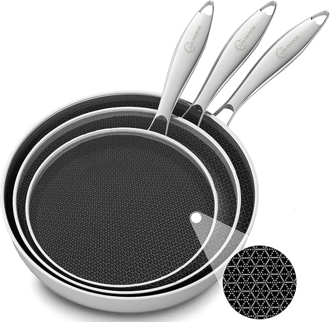 LOLYKITCH Hybrid 8-10-12 Inch Nonstick Frying Pan Set | PFOA Free | Stainless Steel Skillet | Non-Toxic | Stay-Cool Detachable Handle | Dishwasher and Oven Safe | Induction Ready