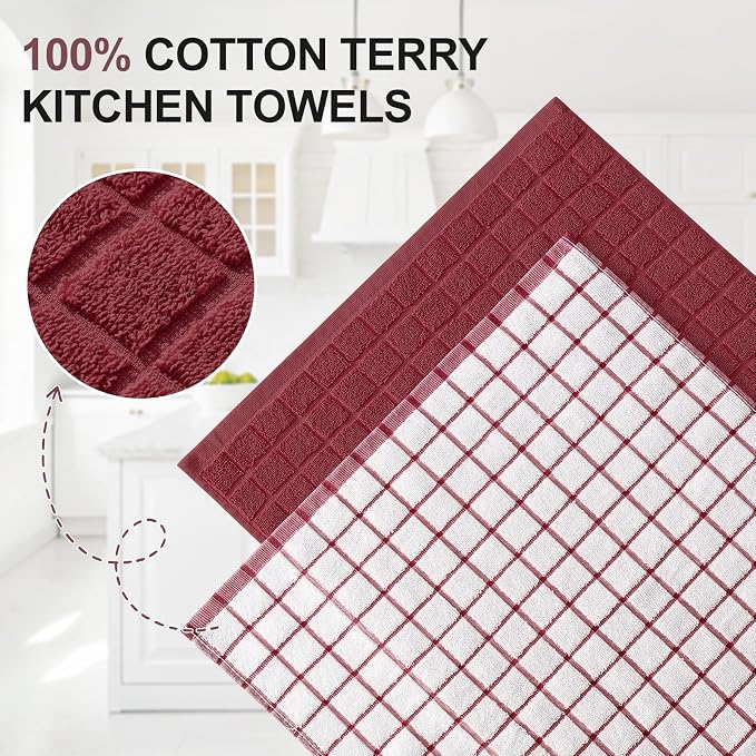 Homaxy Large Premium Cotton Kitchen Towels 16"x 28", 4 Pack, Red | Natural Ring Spun 390 GSM Dish Towels, Super Absorbent Terry Kitchen Hand Towels, Soft Tea Towels with Hanging Loop