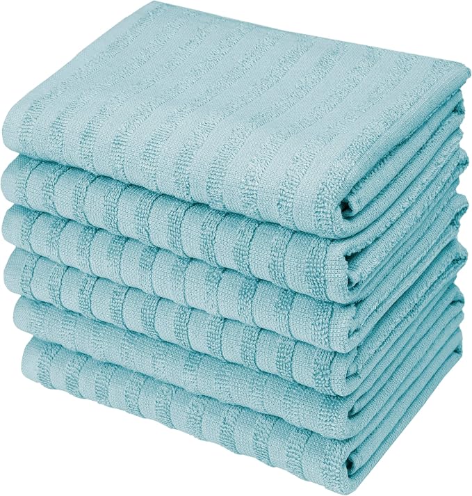 Premium Kitchen Towels 6 Pack 100% Cotton, 20"x28" - Aqua Solid | Large 450 GSM Terry Dish Towel, Kitchen Hand Towels with Hanging Loop, Highly Absorbent for Washing and Drying Dishes