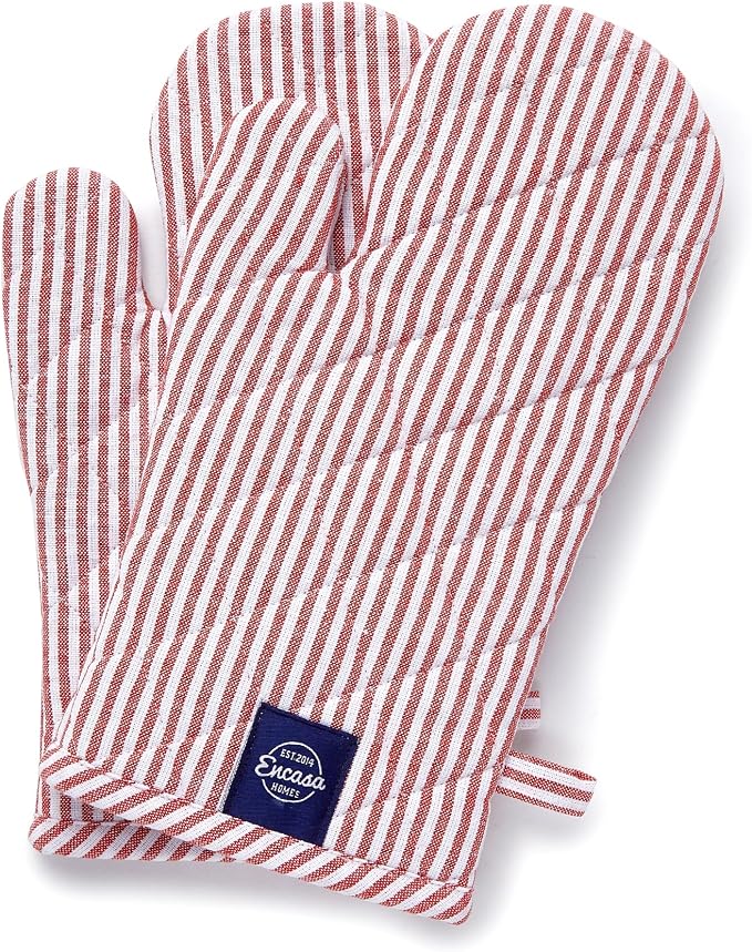 Encasa XO Oven Mitts, Heat Resistant Kitchen Gloves, Microwave | Ticking Red, 100% Cotton | Diamond Quilted Insulation | Pot Holders | Hanging Loop | Barbecue & Grill | Set of 2