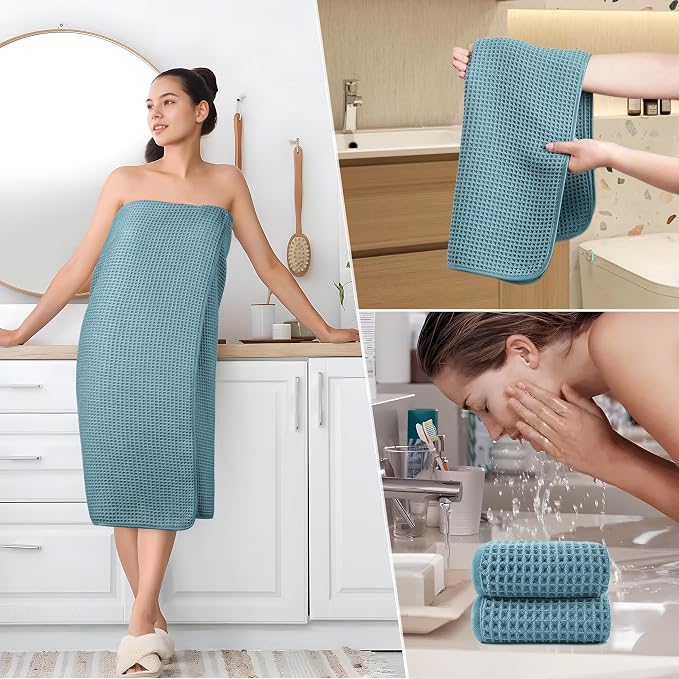 POLYTE 430 GSM Poly Blend Microfiber Quick Dry Waffle Bath Towel Set of 6 | 2-Body Towels, 2-Hand Towels, 2-Wash cloths, Oversize, Lint Free