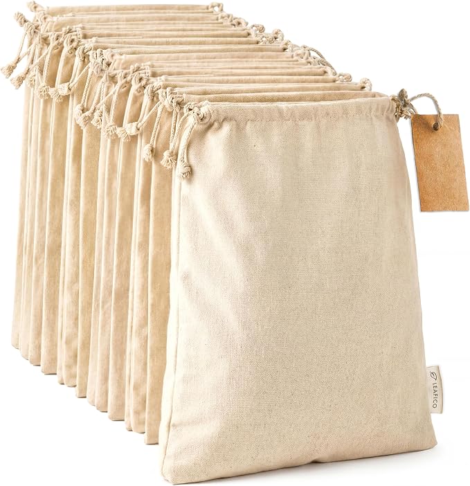 Organic Cotton Produce Bags - Medium 8x10 Inch (12 Bags) - Reusable Muslin Storage Bags with Drawstrings - Biodegradable Canvas Fabric - Perfect for Snacks, Clothes