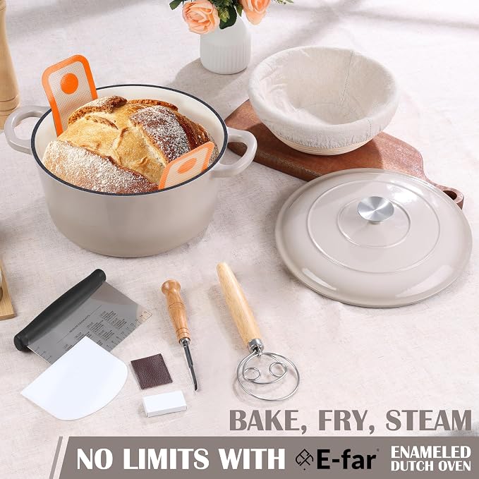 E-far Enameled Dutch Oven Pot for Bread Baking, 6QT Enameled Cast Iron Cookware with Self-Basting Lid & Sourdough Bread Baking Supplies, Heavy Duty Casserole Pot & Dual Handles-Khaki
