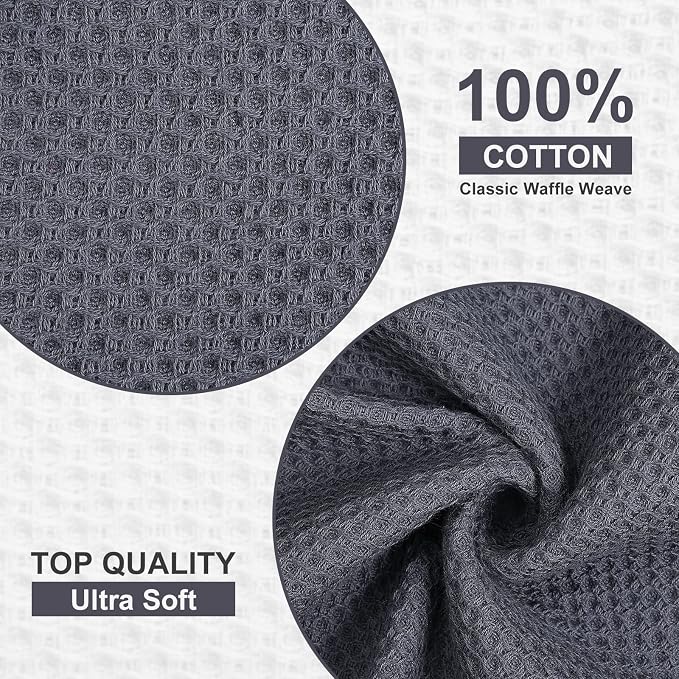 Kitinjoy 100% Cotton Waffle 6-Pack Kitchen Towels, 12" x 12", Dark Grey | Ultra Absorbent, Super Soft, lightweight, Quick Drying Dish Rags for Washing Dishes