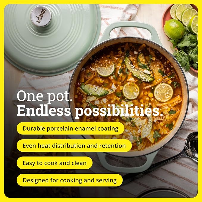 Lodge Essential Enamel Cast Iron Dutch Oven 6 Quarts - Perfect for Bread Baking, Braising, Marinating & Slow Cooking, Features Moisture-Sealing Lid & Dual Handles, Kitchen Essentials, Desert Sage