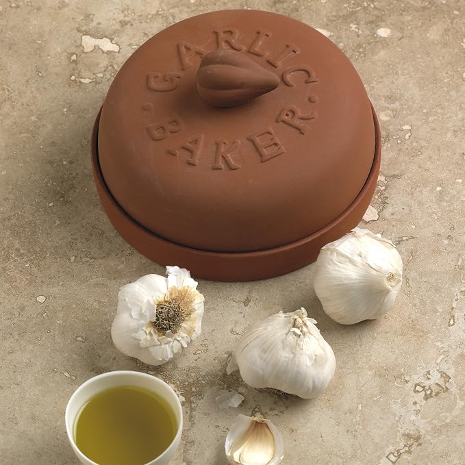 Fox Run Garlic Baker, 7-Inch, Terra Cotta | Oven, Microwave & Convection Oven Compatible | Dish & Lid For Roasting Bulbs of Garlic | Cute Terracotta Oven Garlic Baker