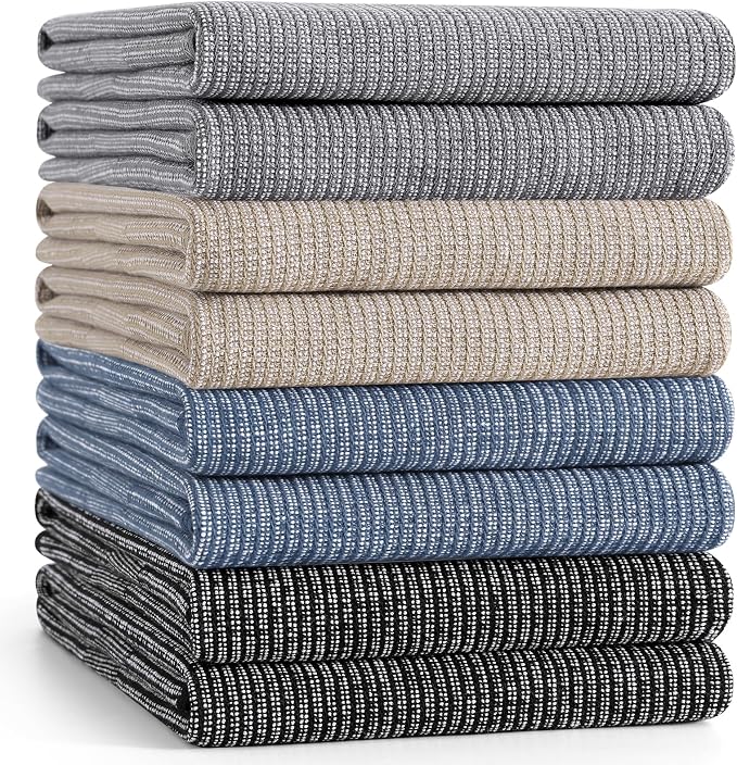 Mordimy Premium Large Cotton Kitchen Towels (18"x 28", 8 Pack), Multicolor | 100% Ring Spun Cotton, Super Absorbent, 380 GSM, Flat & Terry, Soft, Hanging Loop Dish Towels