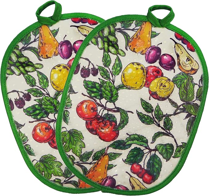 Pot Holders with Transparent Clear Silicone Shell and Nice Friut Flower | Potholders Cotton Lining Set of 2, Heat Resistant to 500 F Kitchen Oven Gloves for Cooking (Friut flower, Potholders)