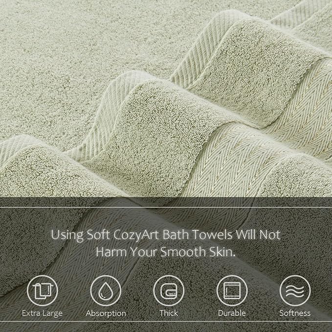 COZYART Luxury Hand Towels 4 PCS, Sage Green 100% Turkish Cotton 650 GSM | OEKO-Tex 100 Certified Zero Twist Ring Spun, Soft Absorbent Quick Dry, Plush Fluffy, Breathable Hotel Quality for Daily Use