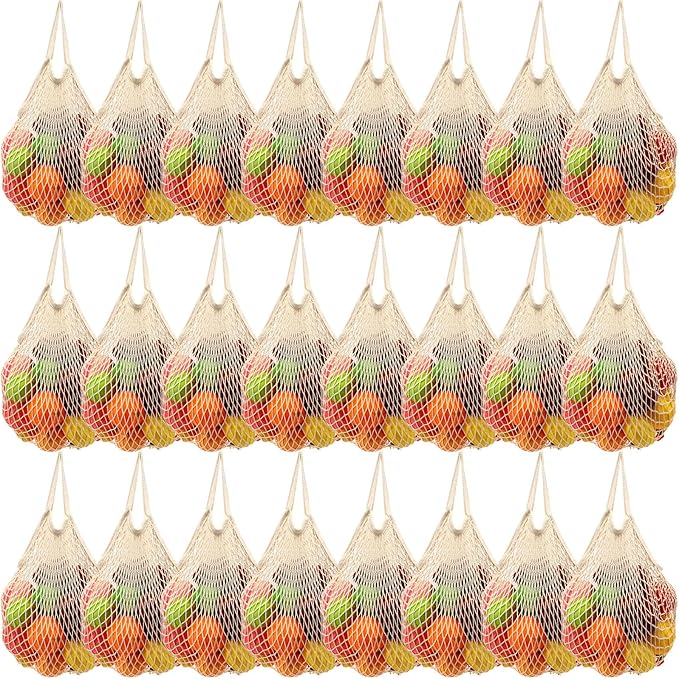 Woanger 24 Pcs Beige Short Handle Reusable Cotton Mesh Produce Shopping Bags Washable Grocery Net Portable Fruit and Vegetable Cotton String Bags Net Tote Organizer