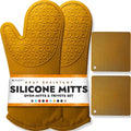 BPA-Free Soft Silicone 4 Piece Oven Mitts & Trivets Set - Ultra Heat Resistant Oven Mitts with Thick Cotton Liner - Long Slip Resistant Pot Holders, Flexible Oven Gloves - Yellow