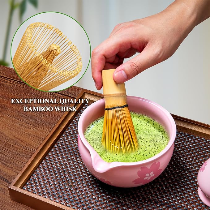 YIBO Matcha Whisk Set, Matcha Making Kit Bamboo Whisk (Chasen), Pink Printing Ceramic Whisk Holder Stand, Sifter, Scoop Japanese Tea Tools For Ceremony Gift
