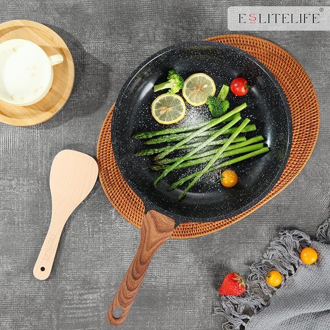 ESLITE LIFE Nonstick Ceramic Frying Pan Skillet with Lid, Non-Toxic Egg Omelette Kitchen Cooking Pans Compatible with All Stovetops (Gas, Electric & Induction), PTFE & PFOA Free (Black, 8" w/Lid)