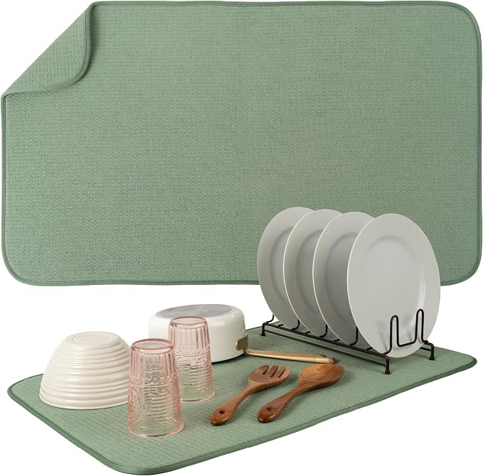 S&T INC. Dish Drying Mat, 18" x 30", Jumbo, Sage Green | Absorbent Microfiber, XXL Kitchen Counter Mat for Dishes, Utensils, Pots and Pans, Machine Washable