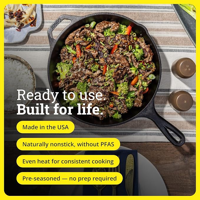 Lodge Seasoned Cast Iron Skillet 12 Inches - PFAS-Free, Non-Toxic Cookware - Use with an Oven, Stove, Grill, or Campfire - Naturally Non-Stick & Oven Safe