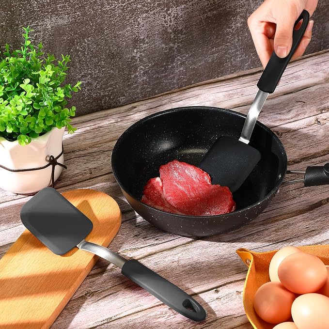 Silicone Cookie Spatula Turner 2 Pack Mini Brownie Spatula Flexible Kitchen Small Silicone Turner for Nonstick Cookware Heat Resistant No Scratch Flipper for Egg(Solid Flat,Black, Grey)