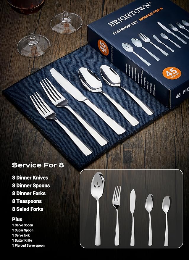 Silverware Set for 8, 45 Piece Stainless Steel Kitchen Utensils Cutlery Set | Gift Package for Wedding Housewarming, Heavy-Duty Steak Knife Fork and Spoon, Dishwasher Safe, Ergonomic Design, Flatware Set