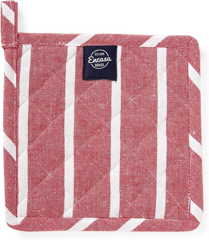 Encasa XO Pot Holders, Quilted Kitchen Hot Pads 8"x8" Roma Red Stripes | 100% Eco-Friendly Cotton | Thick Cotton Padding Insulation | Convenient Hanging Loop | Set of 2