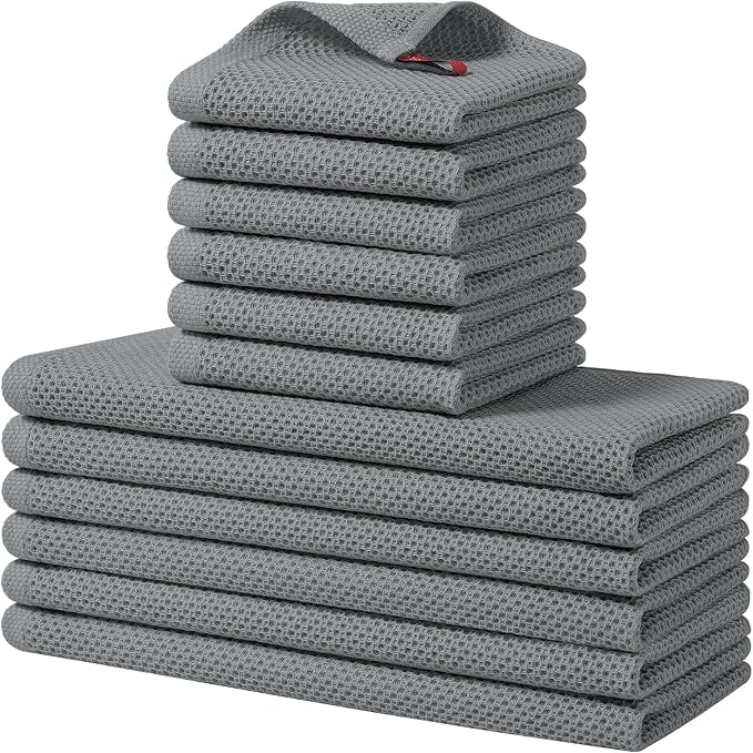 Homaxy 12 Pack 100% Cotton Kitchen Towels and Dishcloths Set, Grey | 12 x 12 Inches and 13 x 28 Inches Kitchen Towels Set, Ultra Soft Absorbent Dish Cloths for Washing Dishes