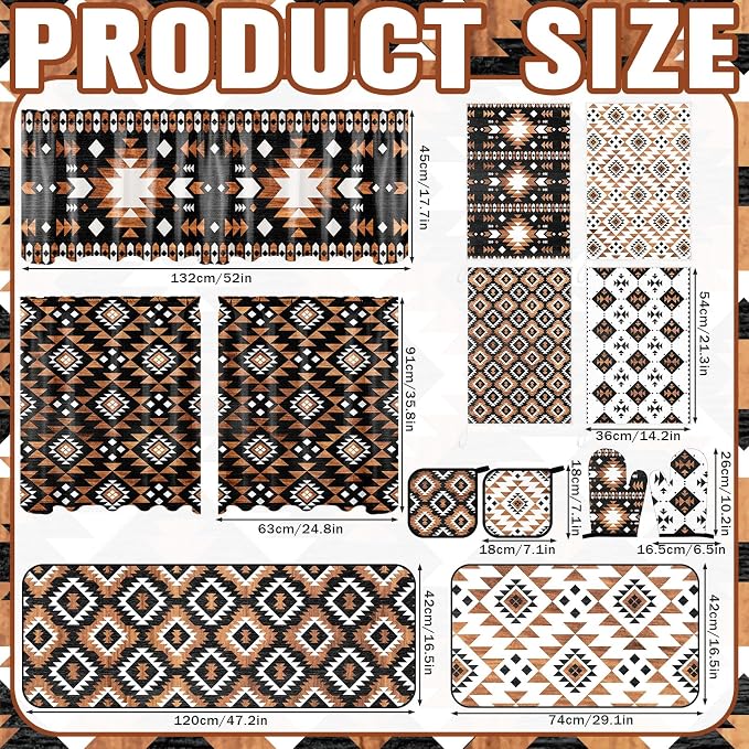 13 Pcs Western Aztec Kitchen Decor Set with Western Kitchen Towel American Decorative Nonslip Mats Curtains Southwest Valance Pot Holders Oven Mitts for Home Decoration Cooking Baking Gift