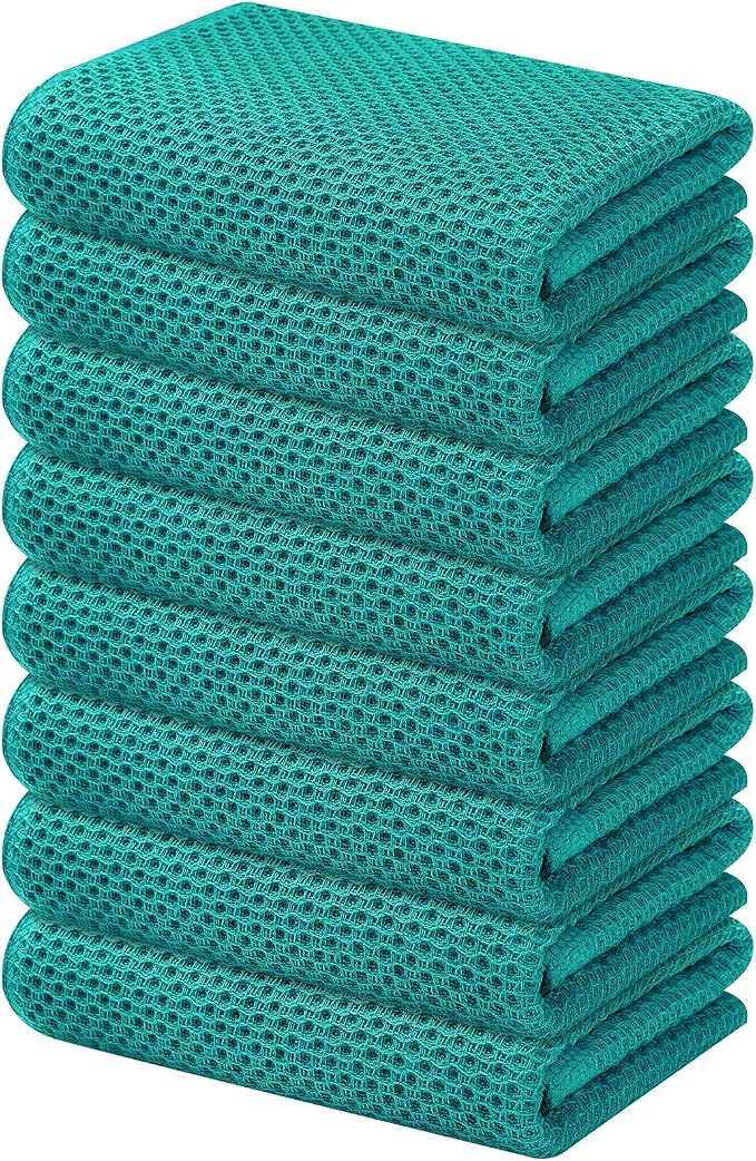 Kitinjoy 100% Cotton Waffle 8-Pack Kitchen Towels, 13" x 28", Teal | Super Soft, Ultra-Absorbent, Fast Drying, lightweight, Quick Drying Kitchen Hand Towels