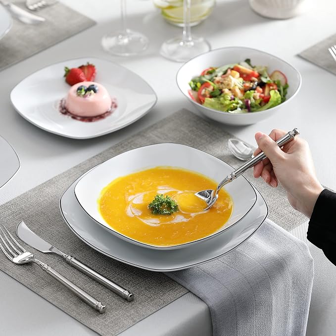 MALACASA Dinnerware Sets, 24 Piece Porcelain Square Dishes, White with Black Rim Plates and Bowls Sets, Ceramic Dish Set for 6, Chip Resistant Dishware Sets, Series ELISA | White Ceramic Plates and Bowls Sets for Serving, Chip Resistant, Microwave & Di...