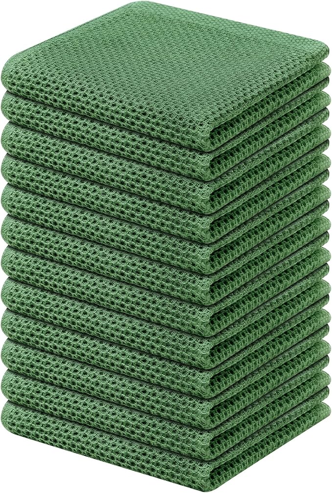 Kitinjoy 100% Cotton Waffle 12-Pack Kitchen Towels, 12" x 12", Grass Green | Ultra Absorbent, Super Soft, lightweight, Quick Drying Dish Rags for Washing Dishes