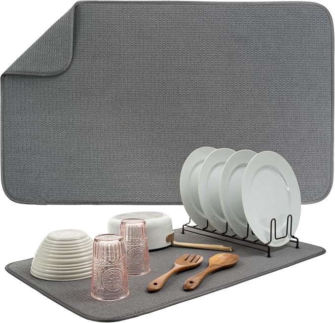 S&T INC. Dish Drying Mat, 18" x 30", Jumbo, Charcoal Grey | Absorbent Microfiber, XXL Kitchen Counter Mat for Dishes, Utensils, Pots and Pans, Machine Washable