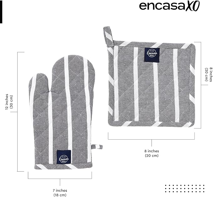 Encasa XO Oven Mitts and Pot Holders Set, Heat Resistant Cotton | Roma Grey Stripes, Diamond Quilted | Non-Slip Grip | Microwave & Oven Safe | Hanging Loop | Machine Washable | Set of 2