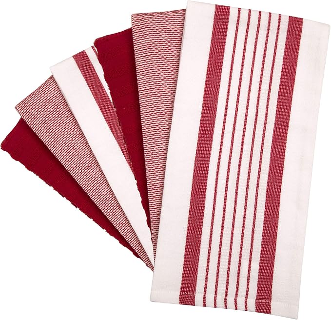 Premium Kitchen Towels 6 Pack 100% Cotton 20"x28" Dish Towels Red Striped | Large Flat & Terry Kitchen Linen Set with Hanging Loops, Highly Absorbent for Washing and Drying Dishes