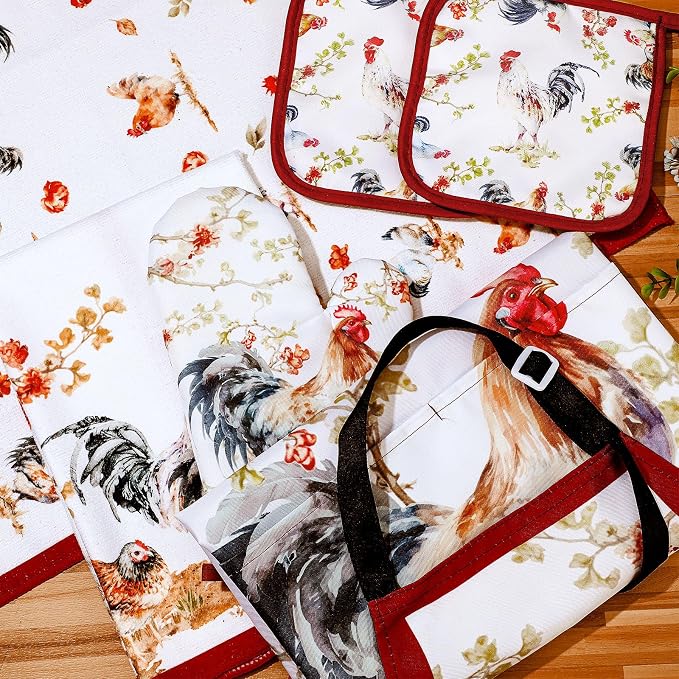 7 Pcs Rooster Kitchen Linen Set Includes Apron 2 Towels Oven Mitt 2 Pot Holders Country Farmhouse Kitchen Decor Gift