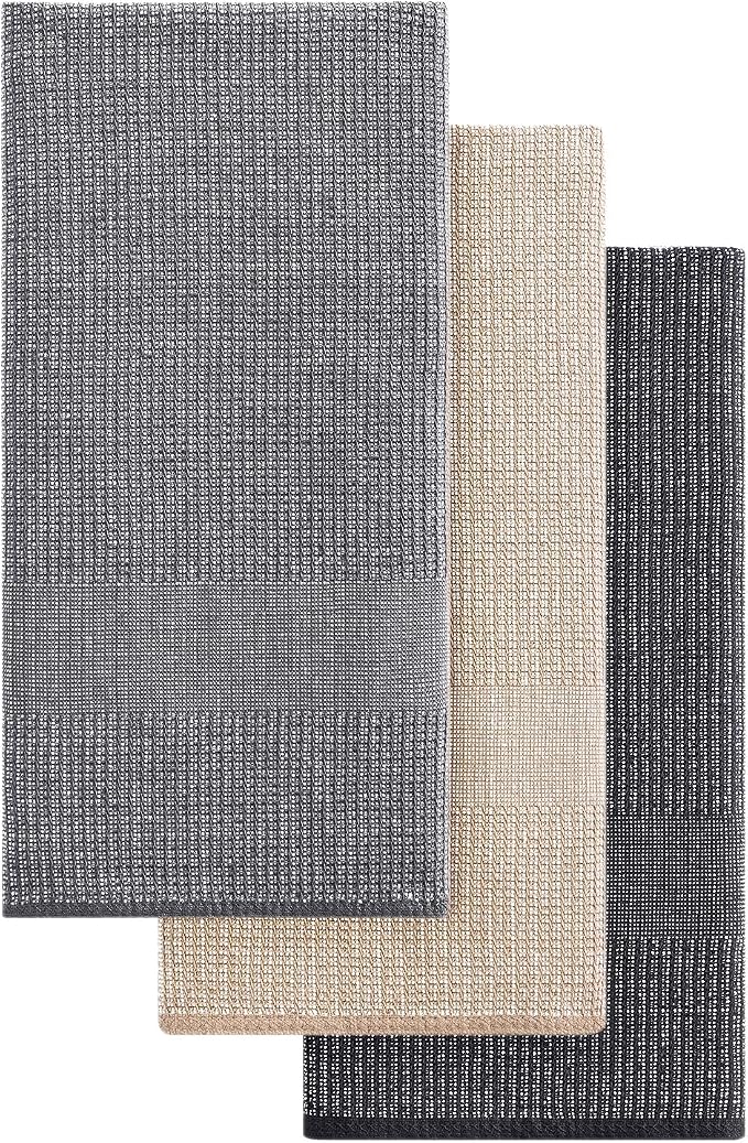 Mordimy Cotton Kitchen Towels (18"x 28", 3 Pack), Grey/Khaki/Black | 100% Ring Spun Cotton, Super Absorbent, 380 GSM, Flat & Terry, Soft, Hanging Loop Dish Towels