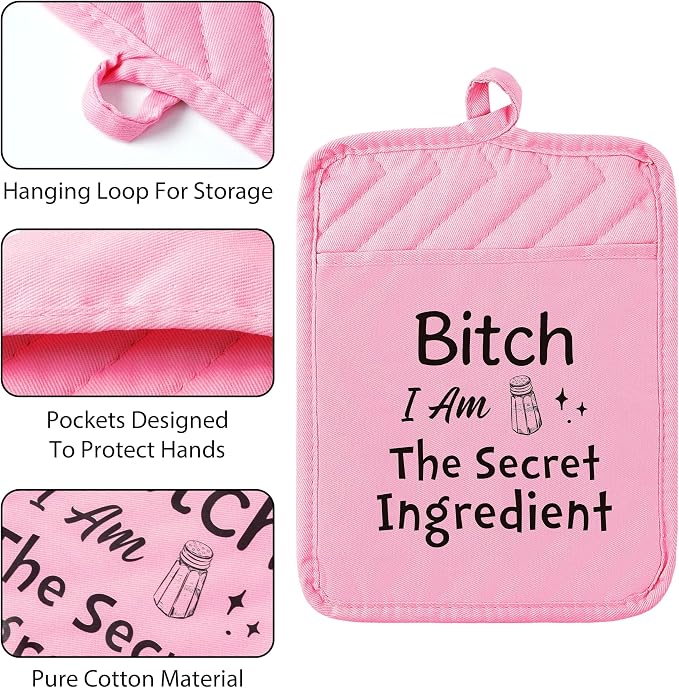 6Pcs Funny Oven Mitts Pot Holders Baking Gift, I Am The Secret Ingredient Resistant Hot Pad Machine Washable Gloves with Hanging Pocket Potholder for Friend Women Gift for Love Kitchen Cooking