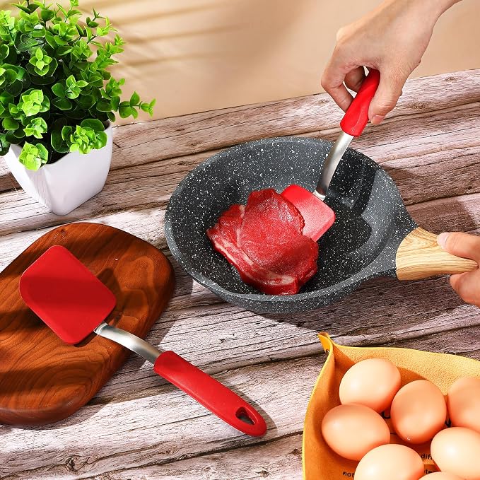 Silicone Cookie Spatula Turner 2 Pack Mini Brownie Spatula Flexible Kitchen Small Silicone Turner for Nonstick Cookware Heat Resistant No Scratch Flipper for Egg(Solid Flat,Red)