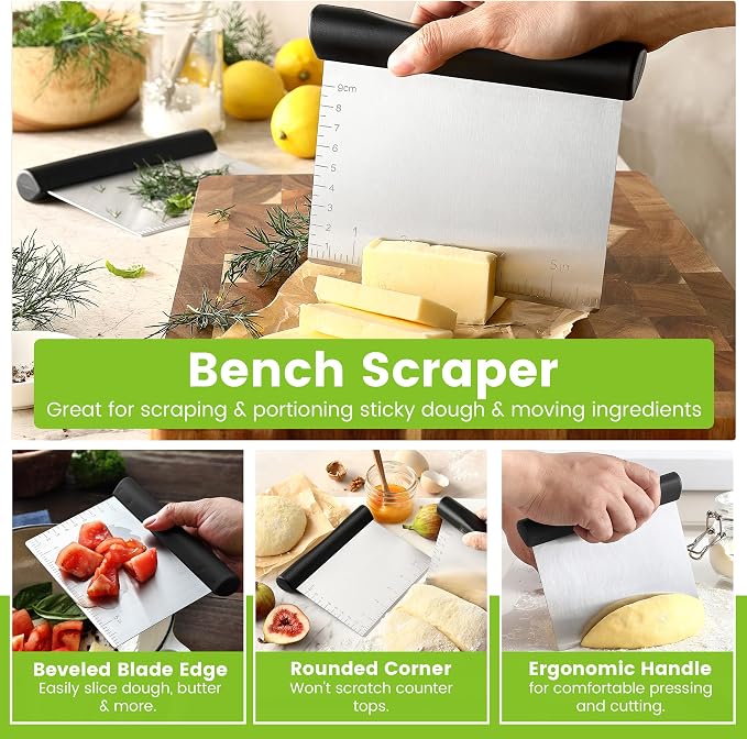 Spring Chef Stainless Steel Dough Blender & Bench Scraper Set, Black | Sturdy Pastry Cutter & Blender for Baking with Non Slip Handle, Dough Cutter & Scraper Tool for Pie, Pizza, Sourdough, Bread