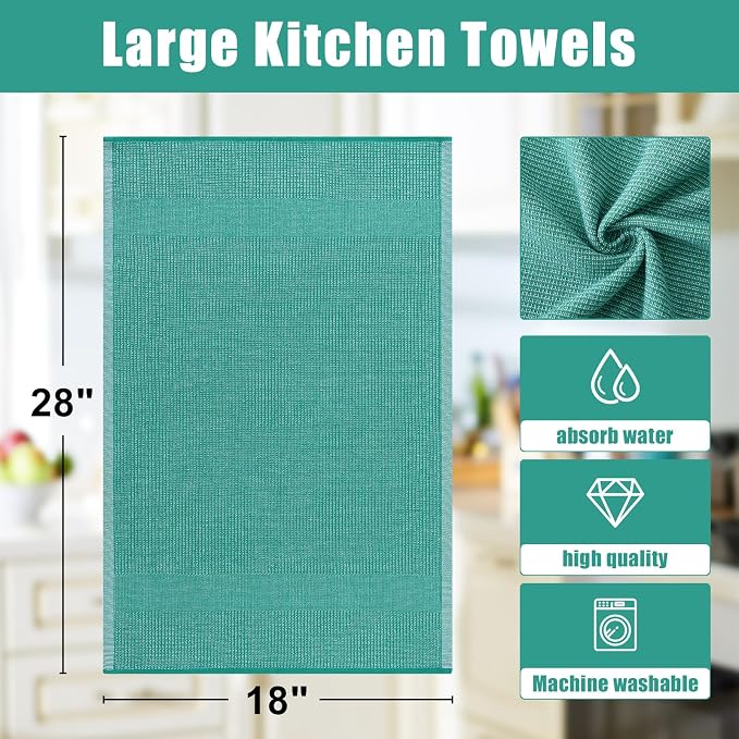 Homaxy 380 GSM Cotton Premium Kitchen Towels 6 Pack, 18"x 28", Green | Flat and Terry Dish Towels, Highly Absorbent Tea Towel Set with Hanging Loop, Soft Utility Kitchen Hand Towels
