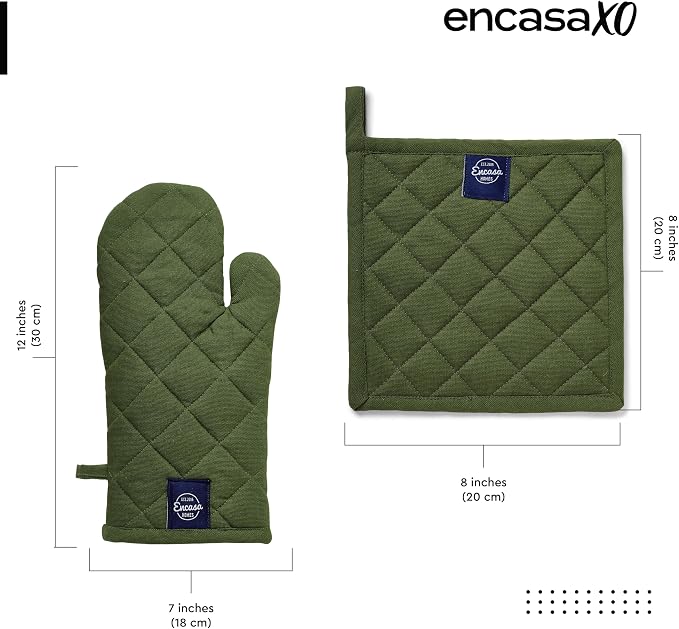 Encasa XO Oven Mitts and Pot Holders Set, Heat Resistant Cotton | Leaf Green, Diamond Quilted | Non-Slip Grip | Microwave & Oven Safe | Hanging Loop | Machine Washable | Set of 2