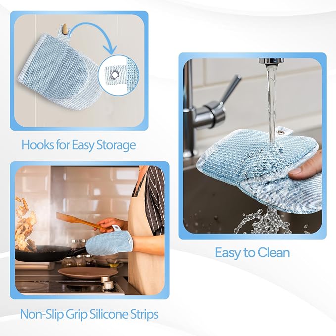 Casa Platino BBQ Gloves & Potholders Set, 4Pc Kitchen Mitts for Oven & Baking, Holder for Hot Pots & Dishes – Heat Resistant Up to 500°F, Non-Slip & Machine Washable – Cornflower