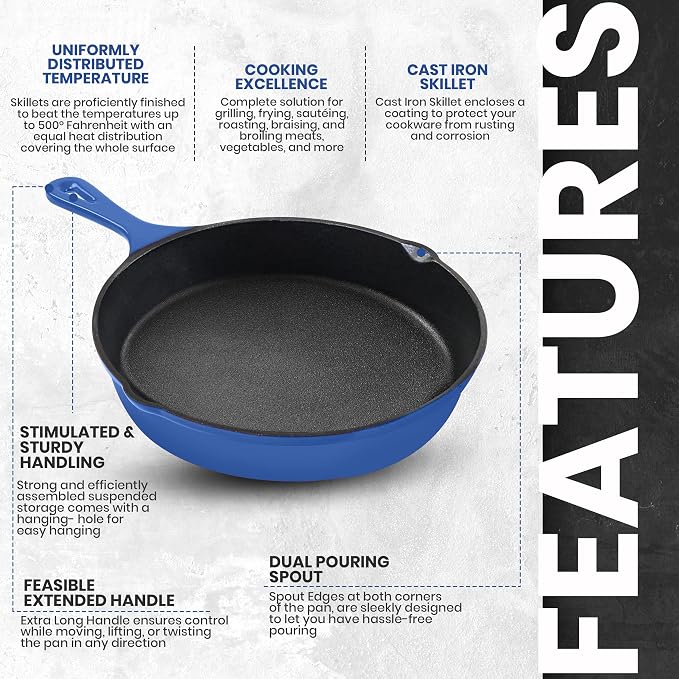 Utopia Kitchen Cast Iron Skillet Set 3 Piece 6 8 10 Inch PFAS-Free Blue | Chef Pan, Even Heat Distribution, Stovetop, Campfire and Grill Safe, Large Skillet Set, Indoor Outdoor Use