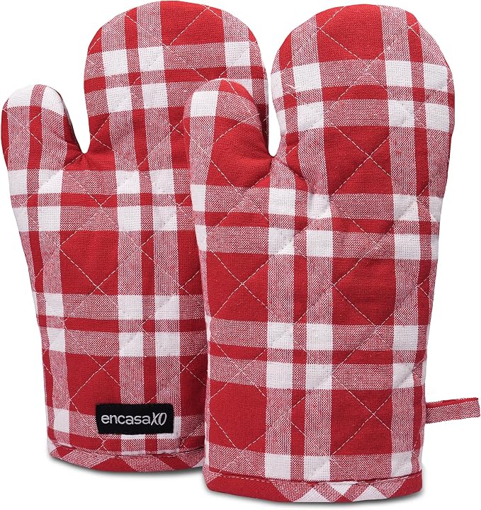 Encasa XO Oven Mitts, Heat Resistant Kitchen Gloves, Microwave | Franca Red Checks, 100% Cotton | Diamond Quilted Insulation | Pot Holders | Hanging Loop | Barbecue & Grill | Set of 2