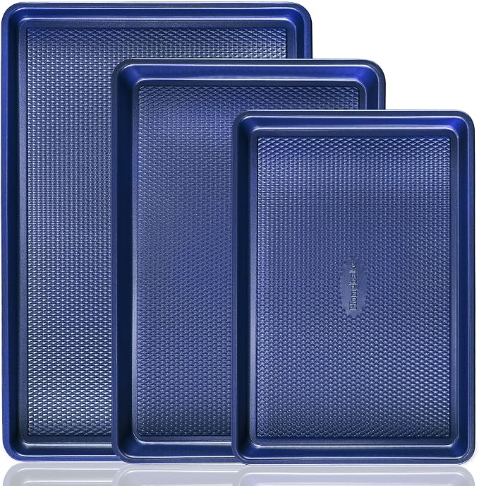 Baking Sheet Pan Set, Cookie Sheets for Oven, Nonstick Half/Quarter/Jelly Roll Pans with Diamond Texture Pattern, Heavy Duty Cookie Tray, Dark Blue