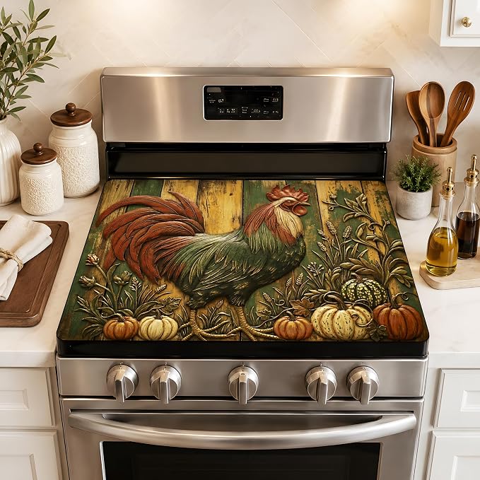 Vintage Rooster Pumpkin Stove Top Cover 28.3 x 20.5 Inch, Rustic Farmhouse Glass Cooktop Protector Mat, Fall Harvest Electric Range Cover for Kitchen Counter Decor (Retro Rooster)