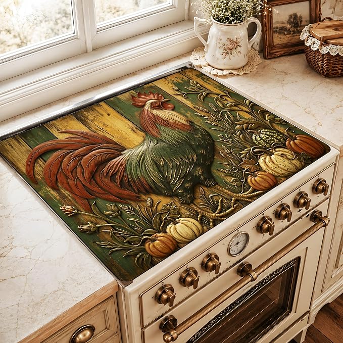 Vintage Rooster Pumpkin Stove Top Cover 28.3 x 20.5 Inch, Rustic Farmhouse Glass Cooktop Protector Mat, Fall Harvest Electric Range Cover for Kitchen Counter Decor (Retro Rooster)