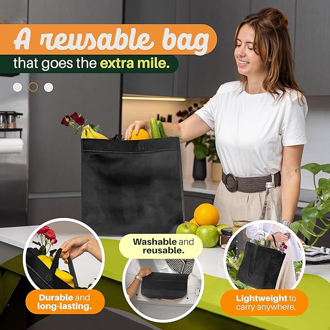 Simply Cool 50 Pack Reusable Grocery Bags, Large Tote Bags Bulk, Black | 14.5"x14"x6.6" Heavy Duty Non-woven Custom Shopping Bags with Handles, Foldable, Washable for Groceries and Commercial use