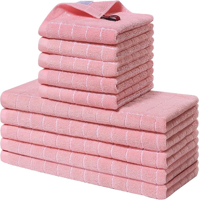 Homaxy Kitchen Towels and Dishcloths Set, Set of 10, Pink | Bulk Cotton Terry Kitchen Towels, Checkered Designed, Soft and Super Absorbent Dish Towels, 12 x 12 and 13 x 28 Inches