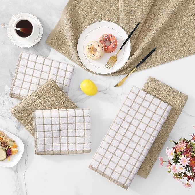 Homaxy Large Premium Cotton Kitchen Towels 16"x 28", 6 Pack, Tan | Natural Ring Spun 390 GSM Dish Towels, Super Absorbent Terry Kitchen Hand Towels, Soft Tea Towels with Hanging Loop