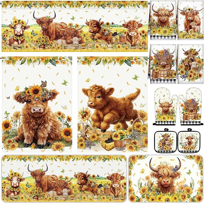 13 Pcs Farmhouse Highland Cow Kitchen Decor Set 3 Cow Kitchen Curtains Valance 2 Sunflower Rugs and Mats 4 Towels 2 Pot Holders 2 Oven Mitts for Home Decor Cooking Grilling Housewarming Gift