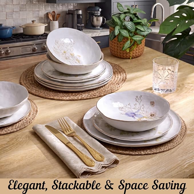 Sango 12-Piece Luxury Porcelain Dinnerware Set for 4- Glossy White Plates and Bowls Sets with Wildflower Patterns and Gold Rims, Ceramic Dish Set, Elegant Dishes for Everyday Dining, Gansevoort