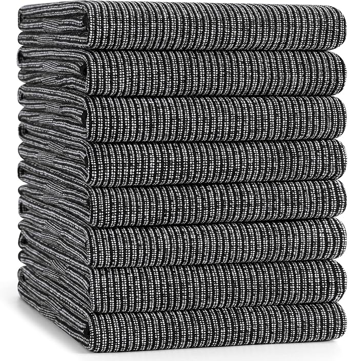 Mordimy Premium Large Cotton Kitchen Towels (18"x 28", 8 Pack), Black | 100% Ring Spun Cotton, Super Absorbent, 380 GSM, Flat & Terry, Soft, Hanging Loop Dish Towels