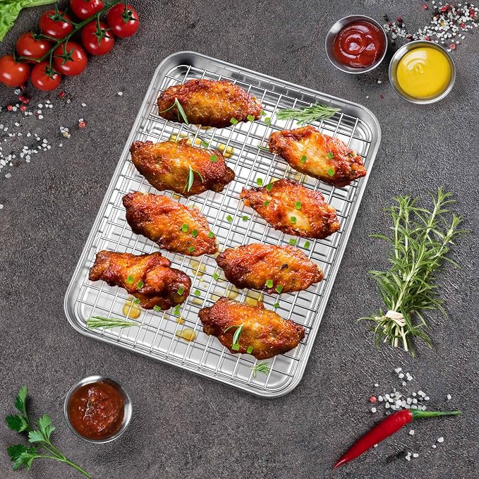 P&P CHEF 10.4 Inch Toaster Oven Pan Tray with Wire Rack, 4 PCS | Baking Sheet Pan + Cooling Rack for Cooking/Roasting, Dishwasher Safe & Rust Free, Non-toxic & Sturdy